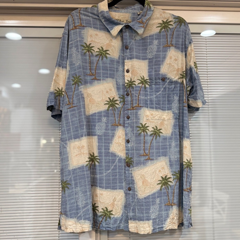 Batik Bay Mens‎ 2XLT Blue Palm Tree Pineapple Rayon Tropical Aloha Button Shirt